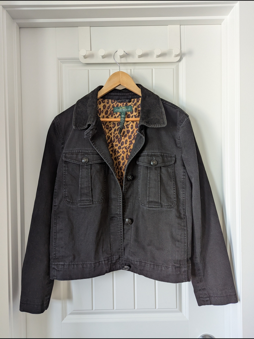 Ralph Lauren Black Jean Jacket Barn Coat with Leopard Print Lining XL